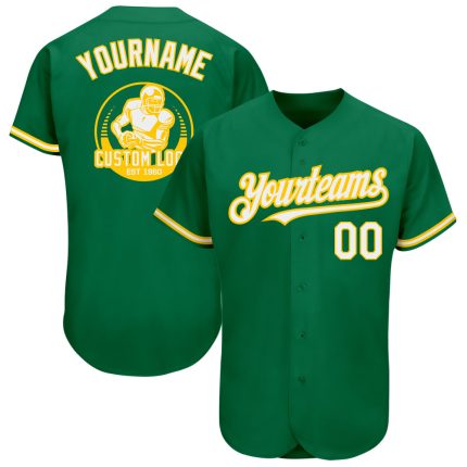 Custom Authentic Baseball Jersey with Personalized Name and Number in Kelly Green White-Yellow Personalized Kelly Green White-Yellow