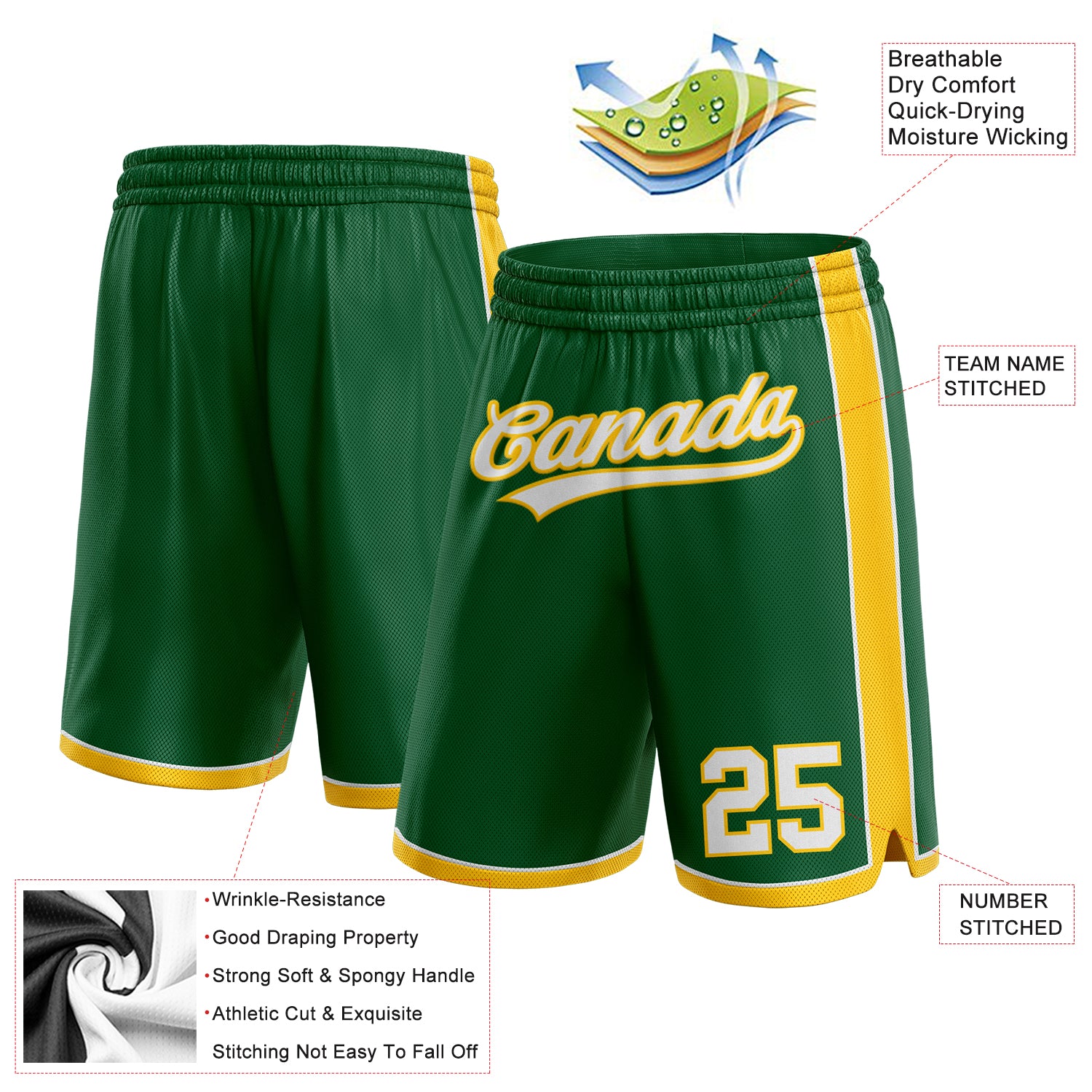 Personalized Kelly Green White-Yellow Authentic Basketball Shorts Team Custom Name and Number Custom Name and Number Authentic Basketball Shorts in Kelly Green White-Yellow Personalized Kelly Green White-Yellow Authentic - Image 2