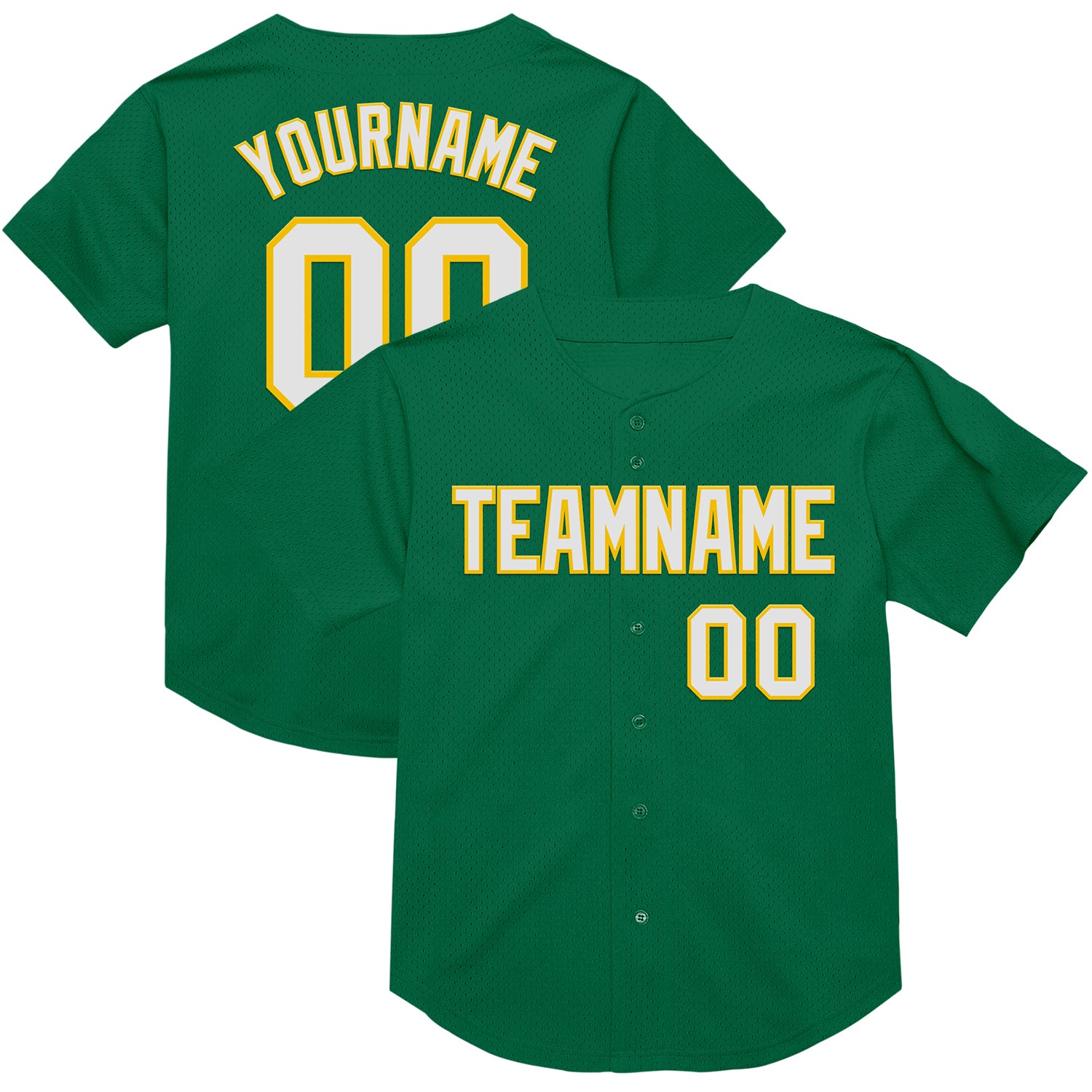 Personalized Kelly Green Authentic Baseball Jersey with White-Yellow Mesh Throwback Design Personalized Kelly Green White-Yellow