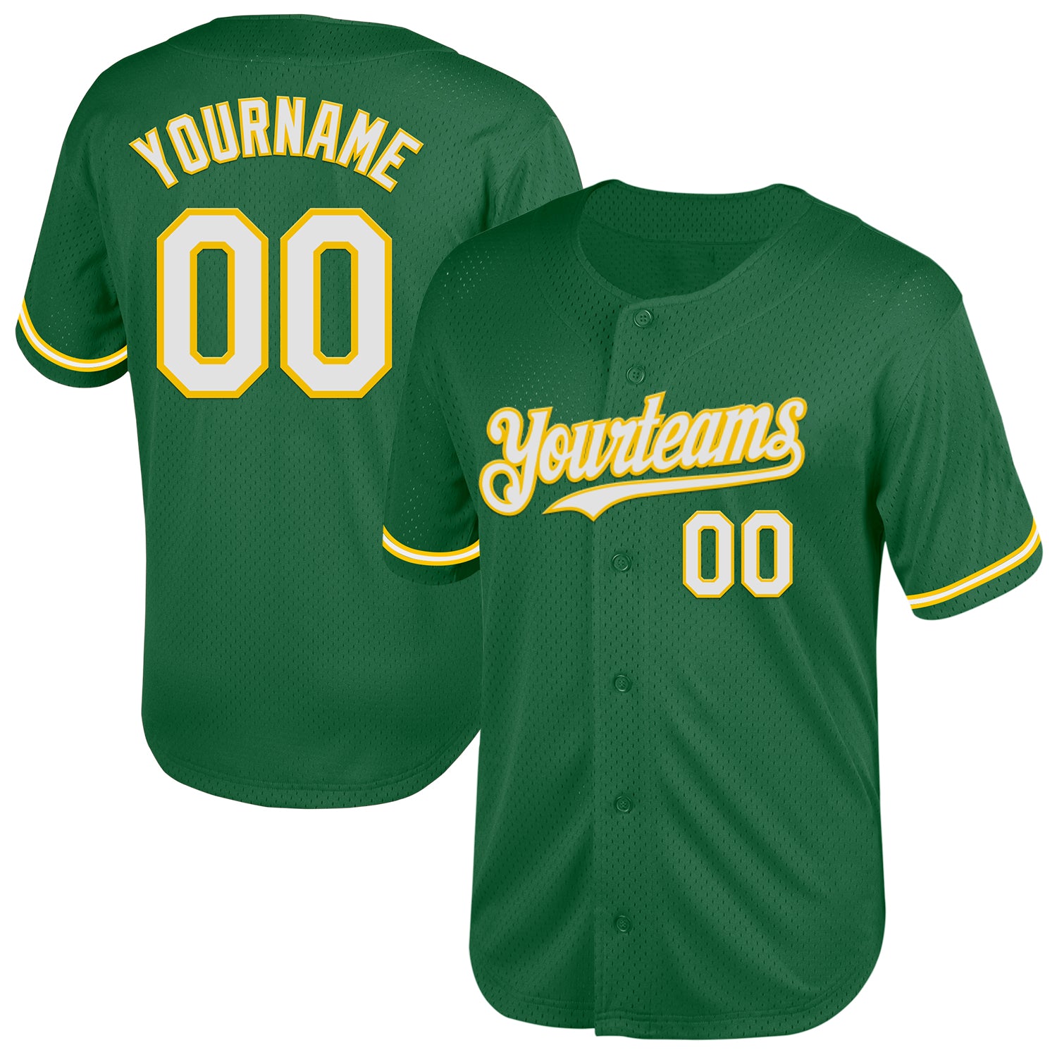 Custom Name Number Baseball Jersey - Personalized Kelly Green White-Yellow Mesh Authentic Throwback Personalized Kelly Green