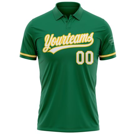 Custom Team Name Number Kelly Green White-Yellow Performance Vapor Golf Polo Shirt Personalized Kelly Green White-Yellow