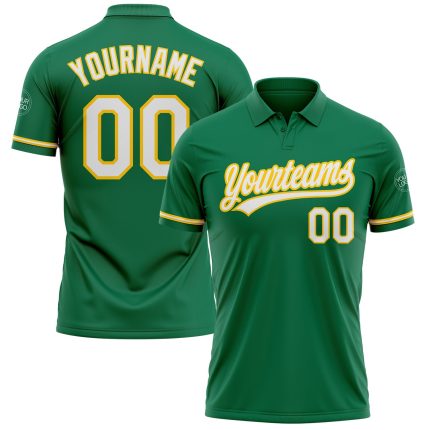 Custom Team Name Number Kelly Green White-Yellow Performance Vapor Golf Polo Shirt Personalized Kelly Green White-Yellow