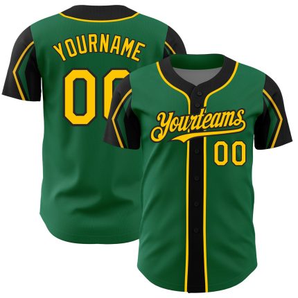 Custom Baseball Jersey with Personalized Name & Number - Kelly Green Yellow Black Arm Shapes, 3 Colors Available Personalized