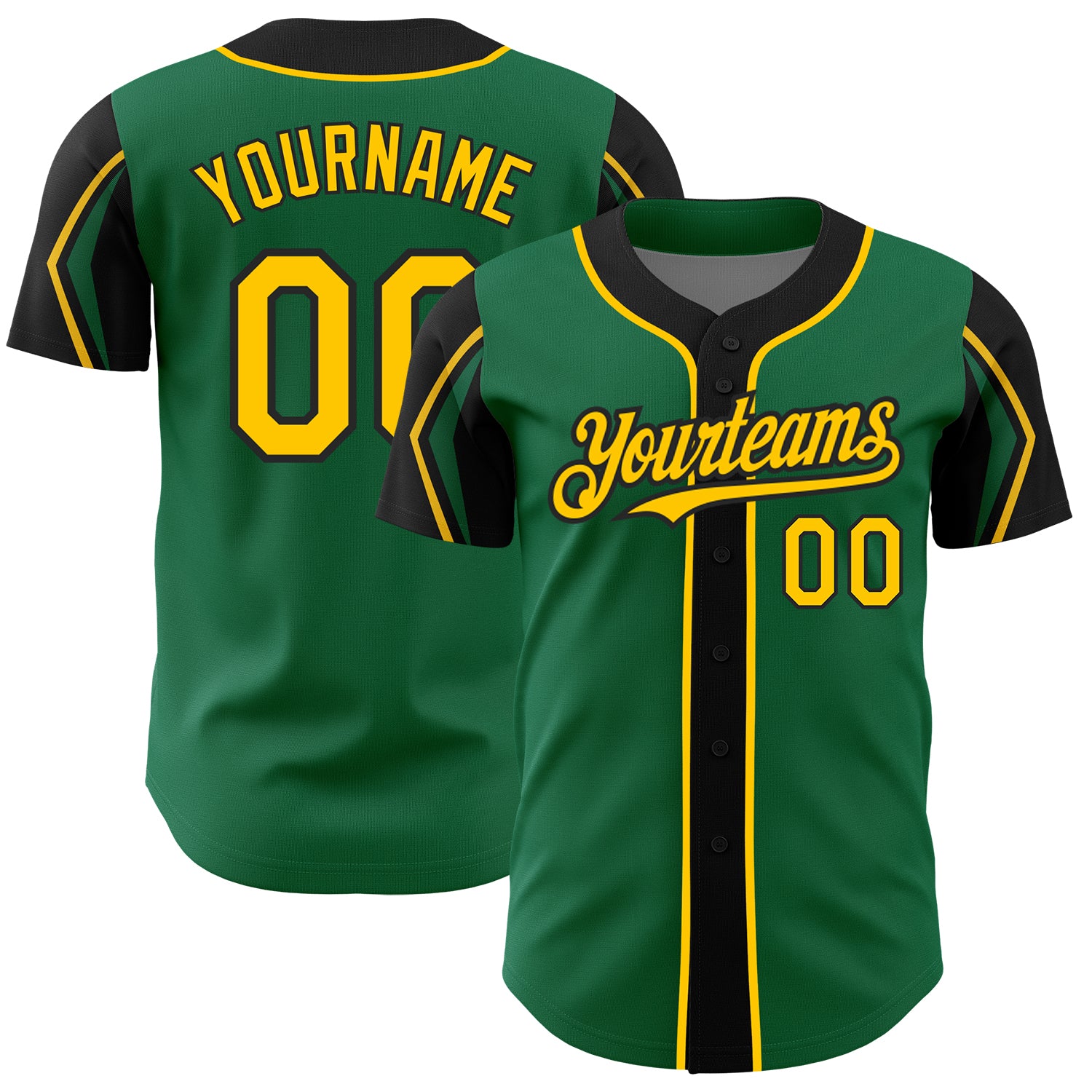 Custom Baseball Jersey with Personalized Name & Number - Kelly Green Yellow Black Arm Shapes, 3 Colors Available Personalized