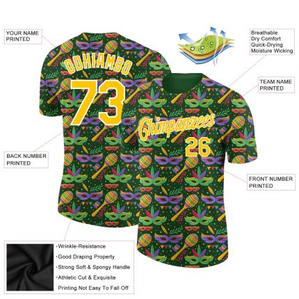 Custom Performance T-Shirt with Personalized Name and Number, Kelly Green Yellow-White 3D Pattern Design for Holiday Party