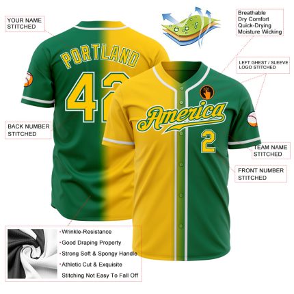 Custom Kelly Green Authentic Gradient Baseball Jersey with Yellow-White Design, Personalized Name & Number Personalized Kelly