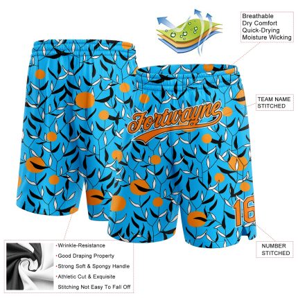 Custom Name and Number Personalized Basketball Shorts with 3D Orange-Black Hawaii Leaves Pattern in Lakes Blue Bay Personalized