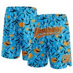 Custom Name and Number Personalized Basketball Shorts with 3D Orange-Black Hawaii Leaves Pattern in Lakes Blue Bay Personalized