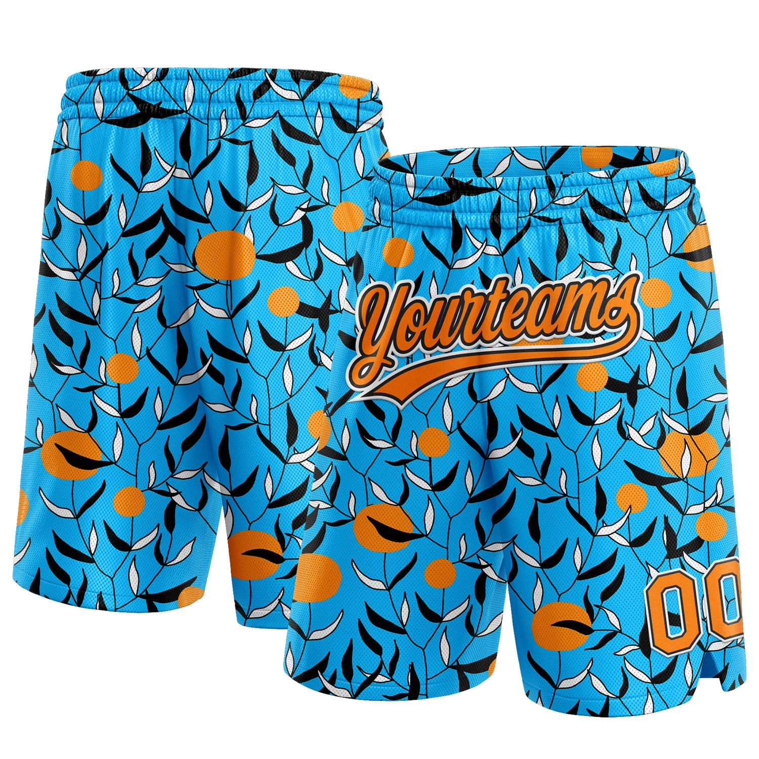 Custom Name and Number Personalized Basketball Shorts with 3D Orange-Black Hawaii Leaves Pattern in Lakes Blue Bay Personalized
