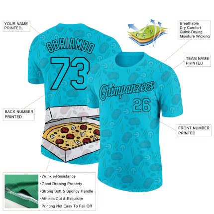 Custom Name & Number Team Performance T-Shirt - Personalized 3D Pattern Design in Lakes Blue & Black for Food & Pizza Personalized