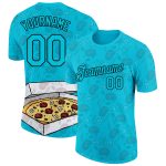 Custom Name & Number Team Performance T-Shirt - Personalized 3D Pattern Design in Lakes Blue & Black for Food & Pizza Personalized