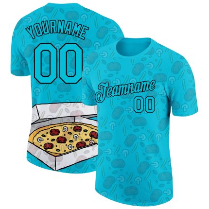 Custom Name & Number Team Performance T-Shirt - Personalized 3D Pattern Design in Lakes Blue & Black for Food & Pizza Personalized