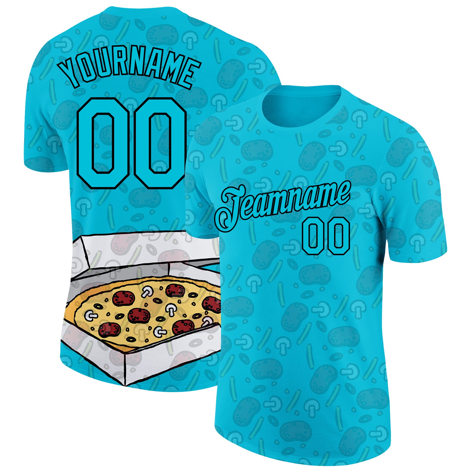 Custom Name & Number Team Performance T-Shirt - Personalized 3D Pattern Design in Lakes Blue & Black for Food & Pizza Personalized