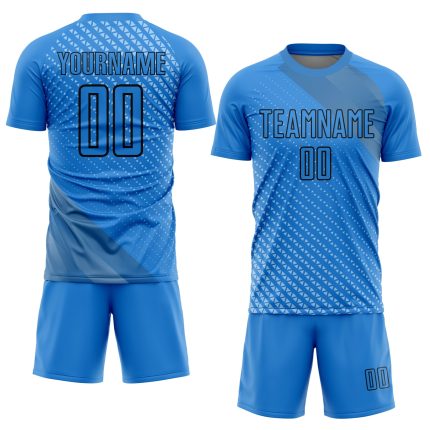 Custom Name and Number Soccer Uniform Jersey - Personalized Lakes Blue Black Geometric Shapes Design Personalized Lakes Blue