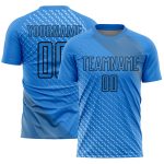 Custom Name and Number Soccer Uniform Jersey - Personalized Lakes Blue Black Geometric Shapes Design Personalized Lakes Blue