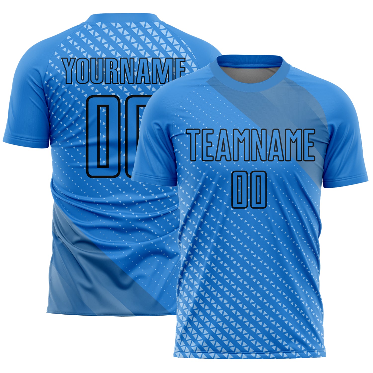 Custom Name and Number Soccer Uniform Jersey - Personalized Lakes Blue Black Geometric Shapes Design Personalized Lakes Blue