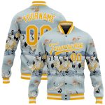 Custom Name Number Personalized Bomber Jacket 3D Blue Gold White Heron Design Full-Snap Varsity Letterman Jacket Personalized