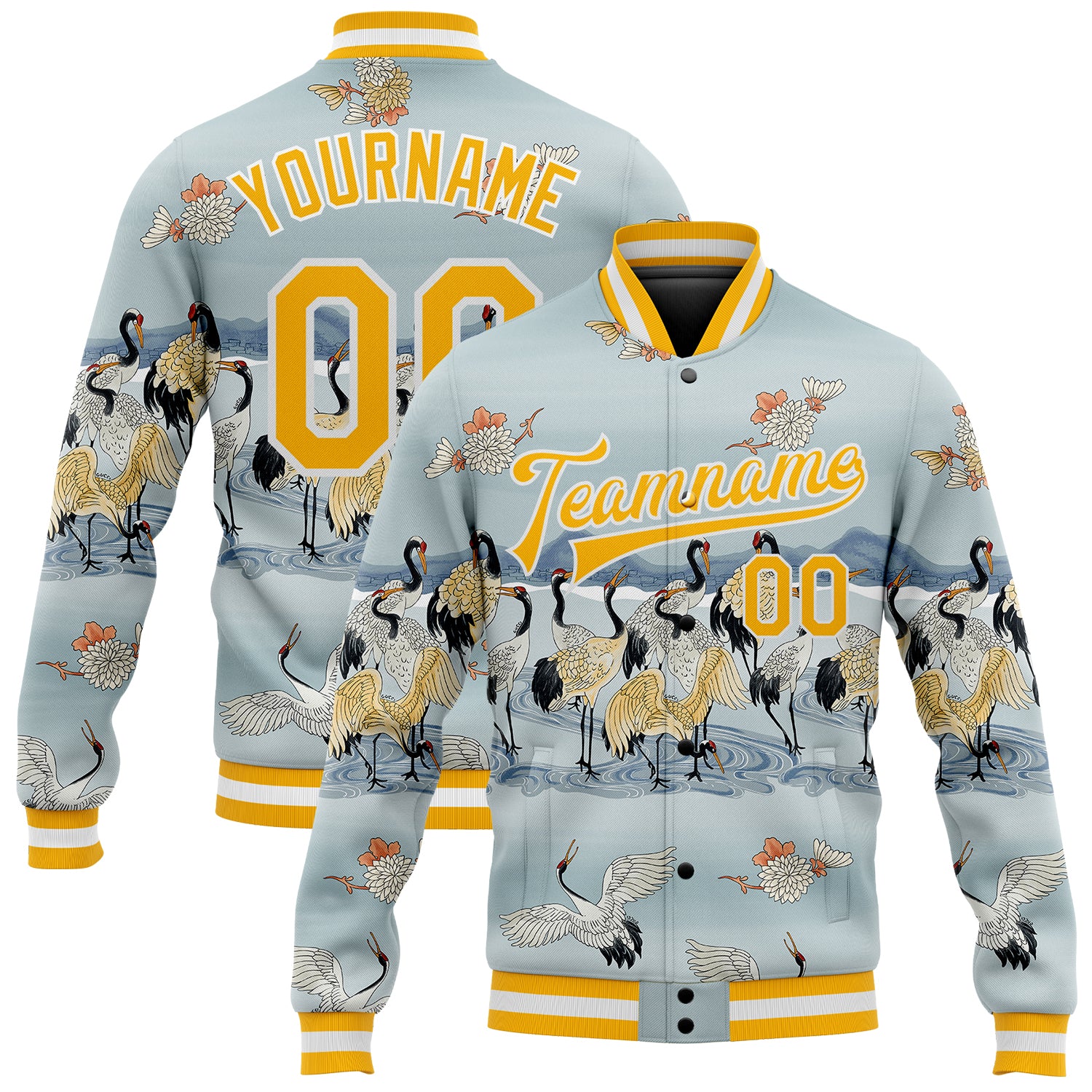 Custom Name Number Personalized Bomber Jacket 3D Blue Gold White Heron Design Full-Snap Varsity Letterman Jacket Personalized