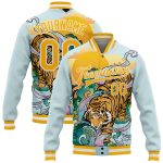 Custom Personalized Blue Gold White Tiger 3D Varsity Letterman Bomber Jacket with Name & Number Personalized Lakes Blue Gold-White