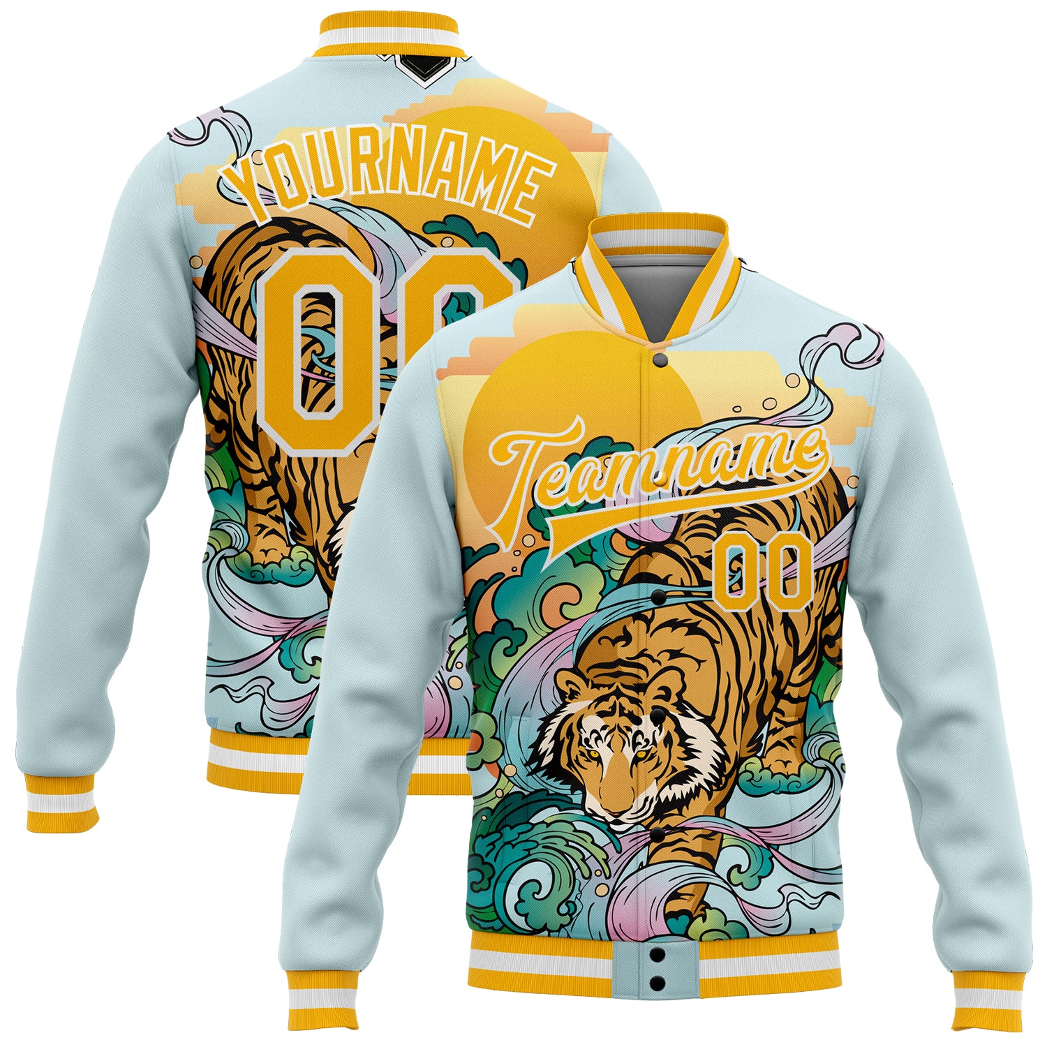 Custom Personalized Blue Gold White Tiger 3D Varsity Letterman Bomber Jacket with Name & Number Personalized Lakes Blue Gold-White
