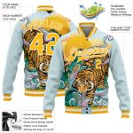Custom Personalized Blue Gold White Tiger 3D Varsity Letterman Bomber Jacket with Name & Number Personalized Lakes Blue Gold-White