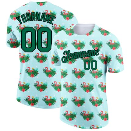 Custom Name & Number Tropical Hawaii Flamingo Performance T-Shirt - 3D Pattern in Lakes Blue & Kelly Green-Black Personalized