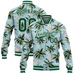 Personalized Tropical Hawaii Palm Tree & Flamingo Bomber Varsity Letterman Jacket with Custom Name & Number, Lakes Blue & Kelly Green