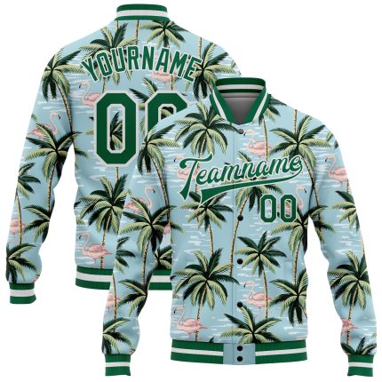 Personalized Tropical Hawaii Palm Tree & Flamingo Bomber Varsity Letterman Jacket with Custom Name & Number, Lakes Blue & Kelly Green