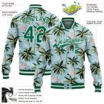 Personalized Tropical Hawaii Palm Tree & Flamingo Bomber Varsity Letterman Jacket with Custom Name & Number, Lakes Blue & Kelly Green