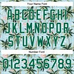 Personalized Tropical Hawaii Palm Tree & Flamingo Bomber Varsity Letterman Jacket with Custom Name & Number, Lakes Blue & Kelly Green
