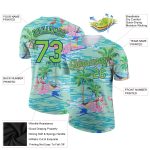 Personalized Beach T-Shirt with Palm Trees and Flamingo 3D Pattern in Lakes Blue Neon Green-Navy Custom Name and Number Personalized
