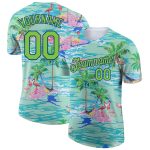 Personalized Beach T-Shirt with Palm Trees and Flamingo 3D Pattern in Lakes Blue Neon Green-Navy Custom Name and Number Personalized