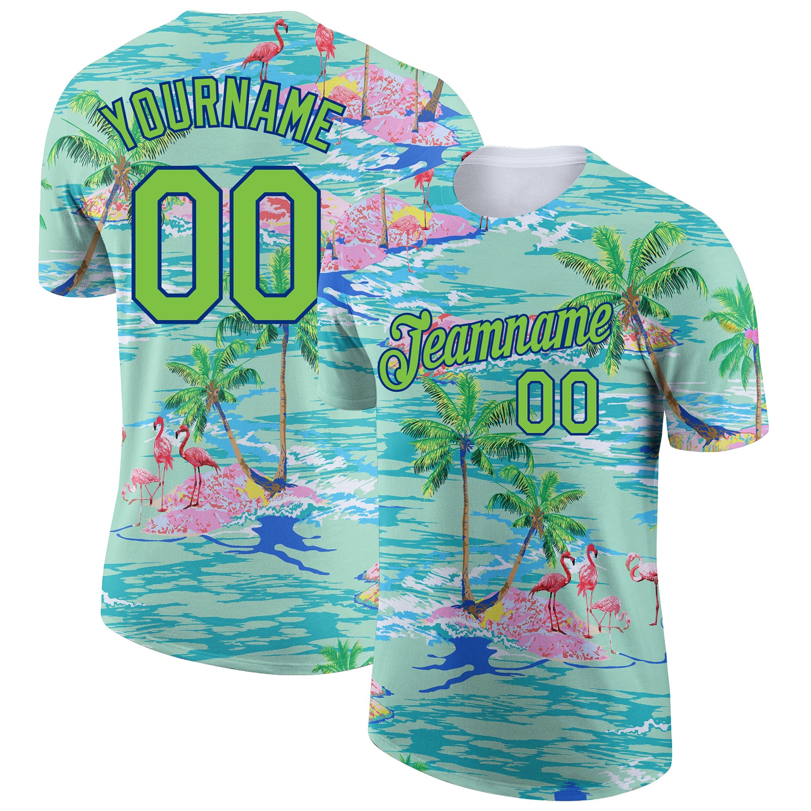 Personalized Beach T-Shirt with Palm Trees and Flamingo 3D Pattern in Lakes Blue Neon Green-Navy Custom Name and Number Personalized