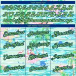 Personalized Beach T-Shirt with Palm Trees and Flamingo 3D Pattern in Lakes Blue Neon Green-Navy Custom Name and Number Personalized