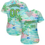 Custom Personalized Baseball Jersey with 3D Pattern, Beach, Palm Trees, and Flamingos - Lakes Blue Neon Green-Royal Design