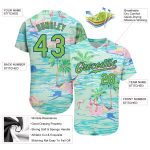 Custom Personalized Baseball Jersey with 3D Pattern, Beach, Palm Trees, and Flamingos - Lakes Blue Neon Green-Royal Design