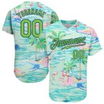 Custom Personalized Baseball Jersey with 3D Pattern, Beach, Palm Trees, and Flamingos - Lakes Blue Neon Green-Royal Design