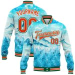 Custom Name and Number Bomber Varsity Jacket, Winter Snowy Landscape 3D Pattern in Lakes Blue and Orange-Kelly Green Personalized