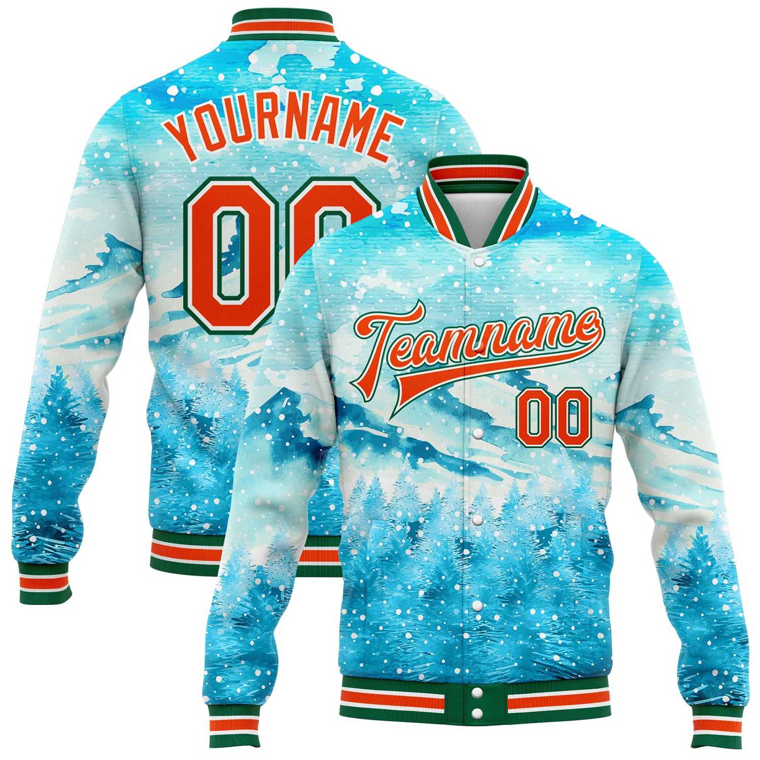 Custom Name and Number Bomber Varsity Jacket, Winter Snowy Landscape 3D Pattern in Lakes Blue and Orange-Kelly Green Personalized
