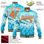 Custom Name and Number Bomber Varsity Jacket, Winter Snowy Landscape 3D Pattern in Lakes Blue and Orange-Kelly Green Personalized