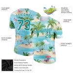 Custom Name & Number Team T-Shirt - Personalized Beach Hawaii 3D Pattern with Lakes Blue Teal-White Palm Trees Design Personalized