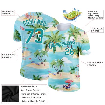 Custom Name & Number Team T-Shirt - Personalized Beach Hawaii 3D Pattern with Lakes Blue Teal-White Palm Trees Design Personalized