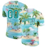 Custom Name & Number Team T-Shirt - Personalized Beach Hawaii 3D Pattern with Lakes Blue Teal-White Palm Trees Design Personalized