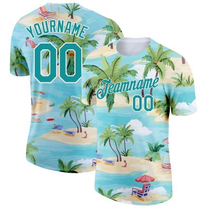 Custom Name & Number Team T-Shirt - Personalized Beach Hawaii 3D Pattern with Lakes Blue Teal-White Palm Trees Design Personalized