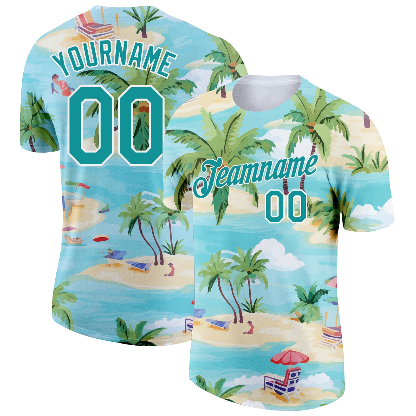 Custom Name & Number Team T-Shirt - Personalized Beach Hawaii 3D Pattern with Lakes Blue Teal-White Palm Trees Design Personalized