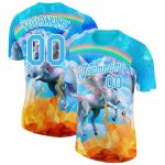 Custom Unicorn Performance T-Shirt with Personalized Name and Number, 3D Blue and White Rainbow Pattern Design Personalized