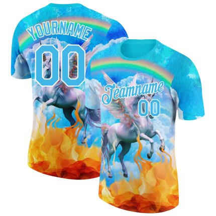 Custom Unicorn Performance T-Shirt with Personalized Name and Number, 3D Blue and White Rainbow Pattern Design Personalized