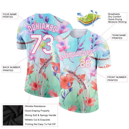 Custom Name and Number T-Shirt with Flowers 3D Pattern in Lakes Blue and White-Pink Design - Performance Wear Personalized