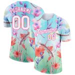 Custom Name and Number T-Shirt with Flowers 3D Pattern in Lakes Blue and White-Pink Design - Performance Wear Personalized