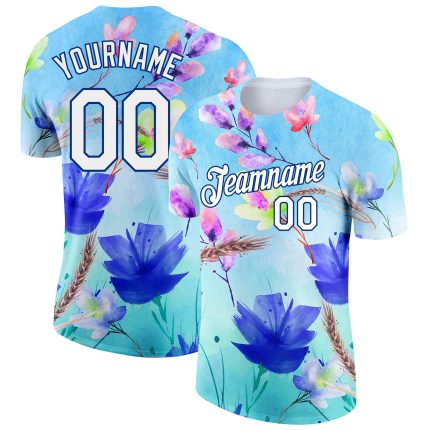 Custom Team Performance T-Shirt with Personalized Name and Number - Blue White-Royal 3D Flower Pattern Design Personalized